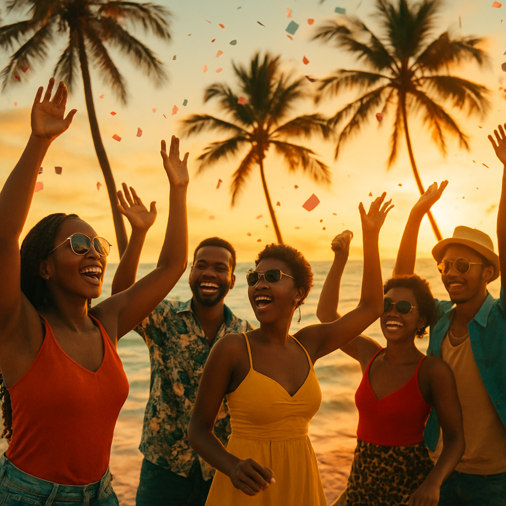 Crowd of travelers celebrating at sunset on a Punta Cana beach with palm trees